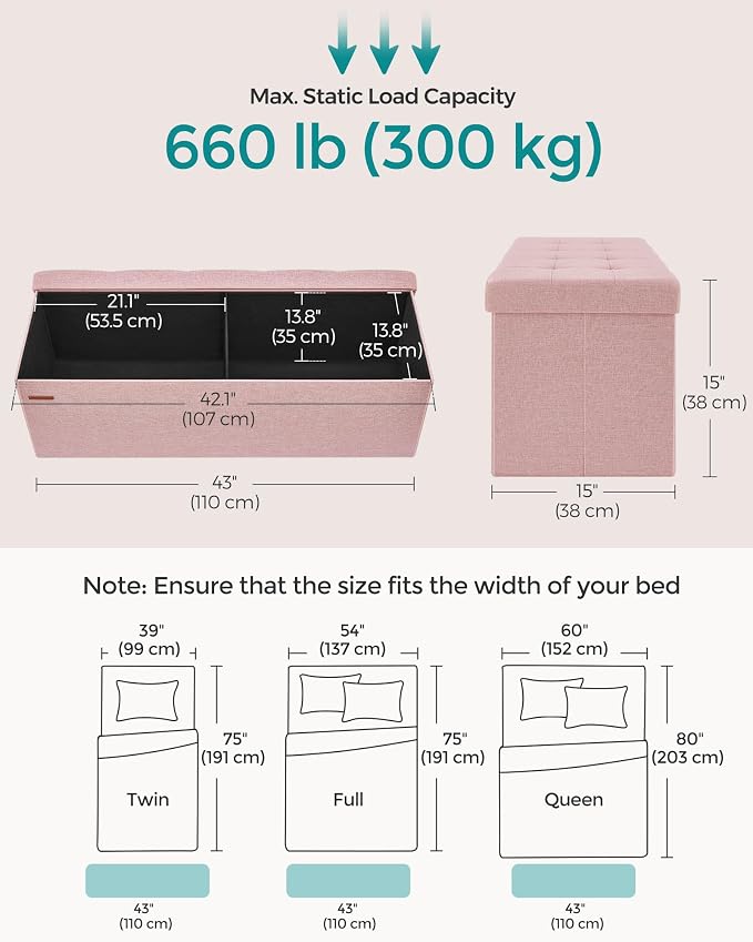 SONGMICS 43.3 Inches Folding Storage Ottoman Bench, Load 660 lb | Ottoman Foot Rest, Storage Chest, for Living Room, Entryway, Jelly Pink and Ink Black, MINOTA Collection ULSF077R11 - Image 3