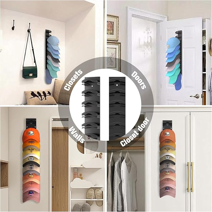 Hat Organizer for Baseball Caps 2Pack, Hat Rack for Wall with Strong Adhesive Hold up to 20 Hats, Hat Hanger Holder Display for Door Closet, Cap Organizer Storage Multilayer Two Mounting Option(Black) - Image 6