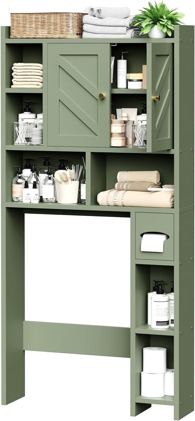 Over The Toilet Storage Cabinet, 64.6" Tall Bathroom Organizer Space Saver with Toilet Paper Holder & Adjustable Shelf, Freestanding Wood Cabinet for Small Space, Green - Image 7