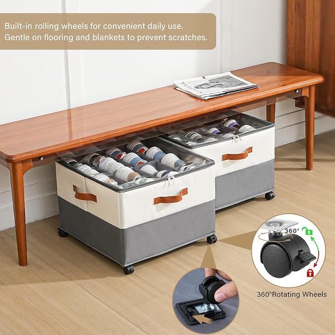INSTY 2 Pack Shoe Organizer for Closet, Fits up to 32 Pairs, Adjustable Dividers for Shoe Storage, Fabric Shoe Storage Bins with Clear Cover, Beige and Grey - Image 2