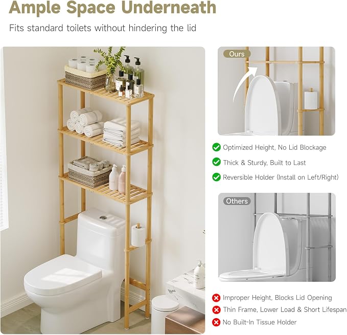 Over The Toilet Storage,3-Tier Bamboo Bathroom Shelf with Paper Holder - Image 4
