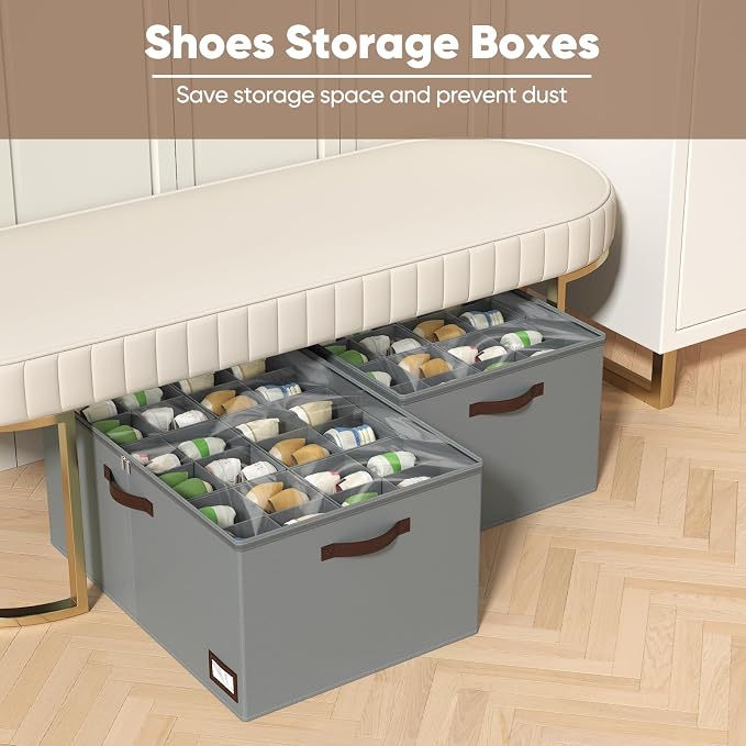 OIAHOMY 2 Pack Shoe Organizer for Closet, Large Foldable Shoe Storage Bins with Dividers and Reinforced Handles, Each Clear Cover Sneaker Box Fits Up to 24 Pairs for Entryway and Bedroom, Grey - Image 2