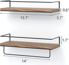 Shario Rustic Wood Floating Shelves - Set of 2, Wall Mounted Hanging Shelves with Black Towel Rack, Decorative Storage Shelves for Bathroom, Kitchen, Living Room & Bedroom (Light Wood, 15.7 Inches) - Image 3