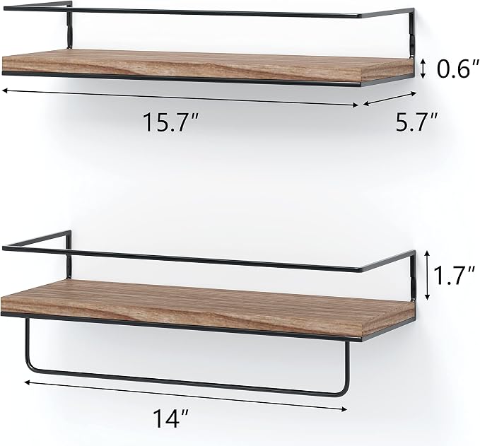 Shario Rustic Wood Floating Shelves - Set of 2, Wall Mounted Hanging Shelves with Black Towel Rack, Decorative Storage Shelves for Bathroom, Kitchen, Living Room & Bedroom (Light Wood, 15.7 Inches) - Image 3