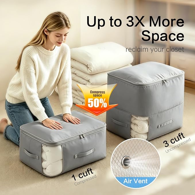 Comforter Storage Bag, Large Capacity Blanket Storage Bags 3-Layer Ultra Space Saving Self Compression Organizer, Heavy Duty Space Saver Organizer for Bedding, Clothes, Blanket, 2-Pack, Gray - Image 2