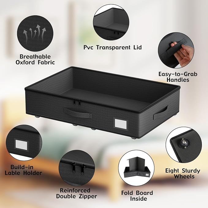 EE-RoomWorld Underbed Storage With Wheels, No Assembly Required - 5.5 Inch Height Black Underbed Bins, Low Profile Rolling Shoe Storage Containers for Dorm - Image 4