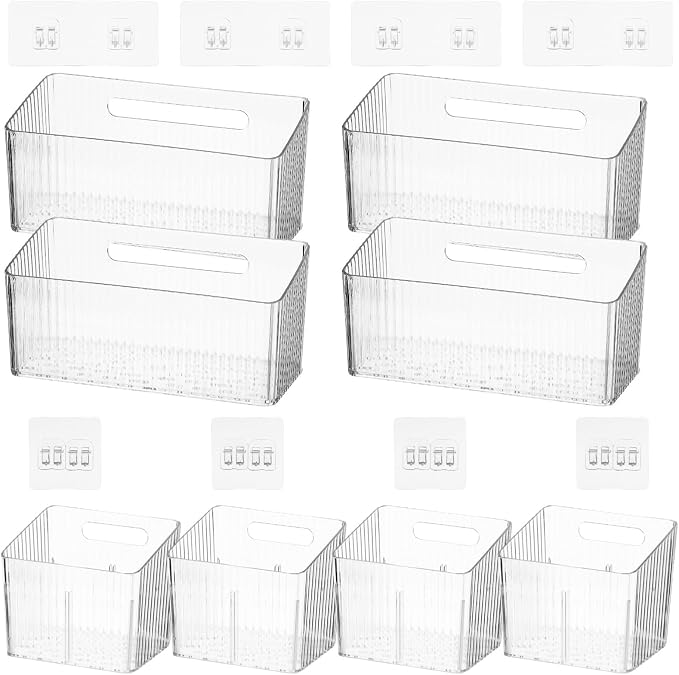8 PCS Clear Cabinet Door Organizer Bins with Adhesive Hooks, Wall Mount Hanging Storage Baskets with Drain Holes, Plastic Under Sink Drawer Organizers for Bathroom, Kitchen, Pantry, Fridge - Image 6