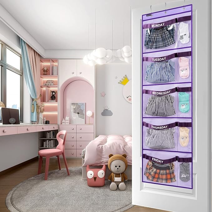 Weekly Kids Clothes Organizer Day of Week School Clothing Storage Monday to Friday Hanging Closet Organizer (Purple) - Image 4