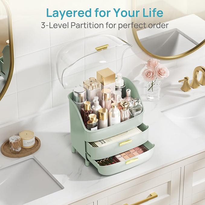 Vtopmart 3-Tier Skincare Makeup Organizer with Lid, Green - Image 5