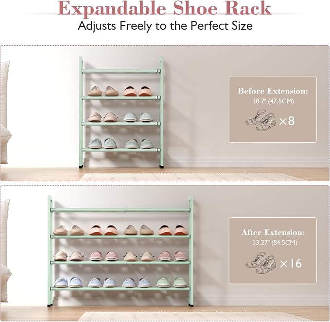 Bumusty 4 Tier Expandable Shoe Rack for Closet, Green | 18"-33" Adjustable Shoe Rack for Entryway, Small Shoe Organizer for Dorm, Front Door, Sturdy Metal - Image 4