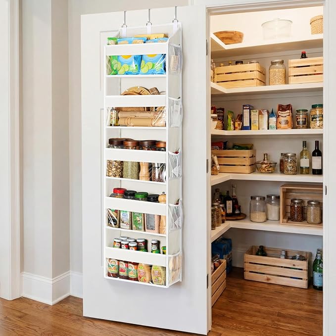 Yecaye 5 Tier Clear Over the Door Organizer Hanging, 5 Large Plastic Pockets and 10 Side Pockets Back of Door Organizer, 56lbs Weight Capacity Behind the Door Storage for Nursery, Ivory White - Image 8