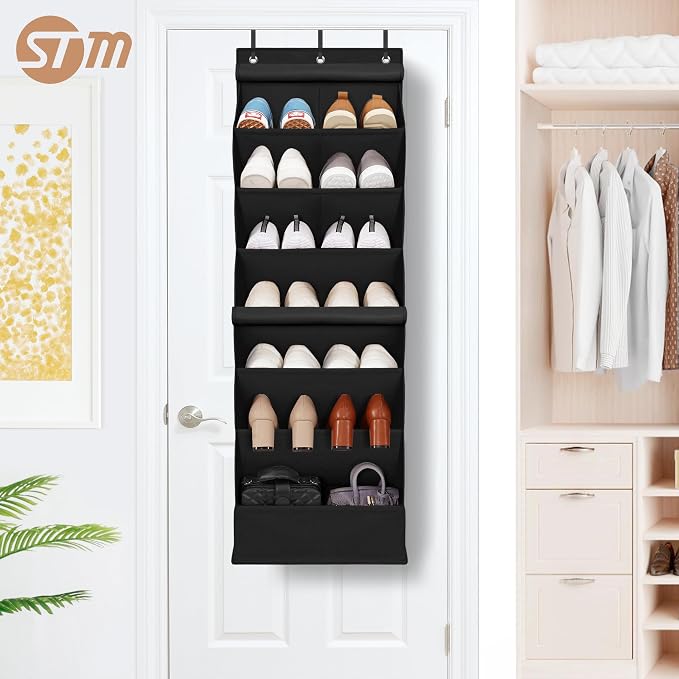 STORAGE MANIAC Over the Door Shoe Organizer with Curtain Dustproof Heavy-Duty Large Deep Pocket Hanging Shoe Organizer for Closet Dorm & Narrow Door Storage Shoe Holder Shoe Rack, 7-Shelf Black 1 Pack - Image 9