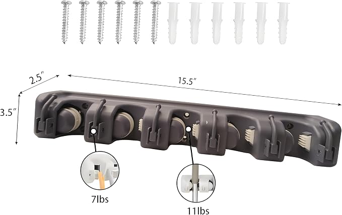 C-CHAIN Mop and Broom Holder, 5 Position with 6 Hooks Garage Storage Holds up to 11 Tools, Multipurpose Wall Mounted Tool Rack Organizer for Kitchen Garage,Grey - Image 2