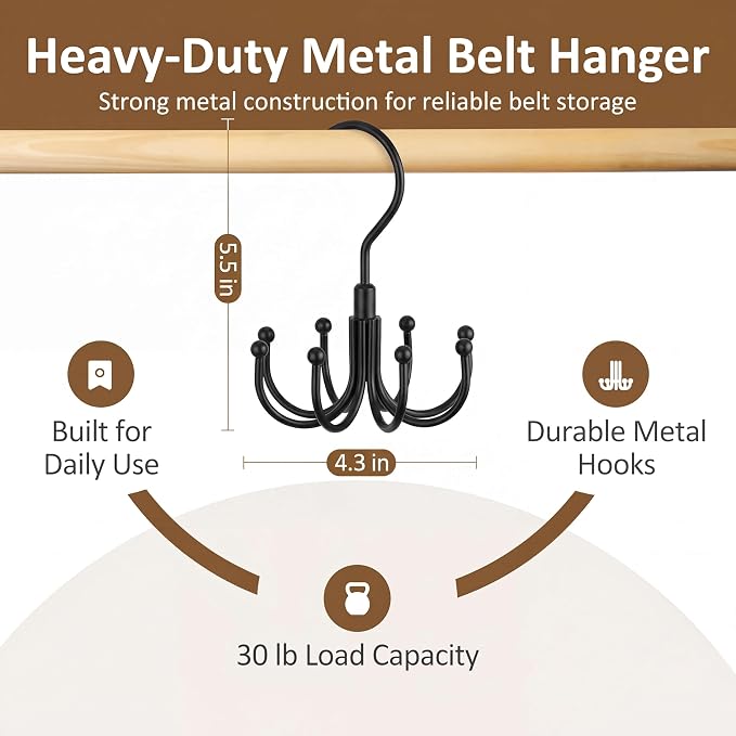 ZEDODIER Belt Hanger for Closet, Rotating Belt Organizer, Holds 24 Belts - Image 6