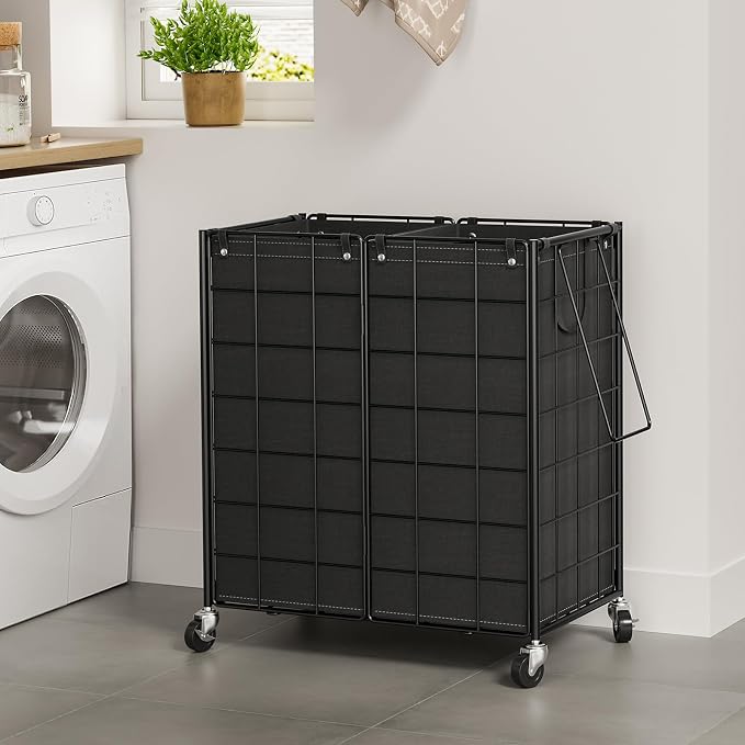 WOWLIVE Double Laundry Hamper with Wheels, Metal Rolling Laundry Basket - Image 3