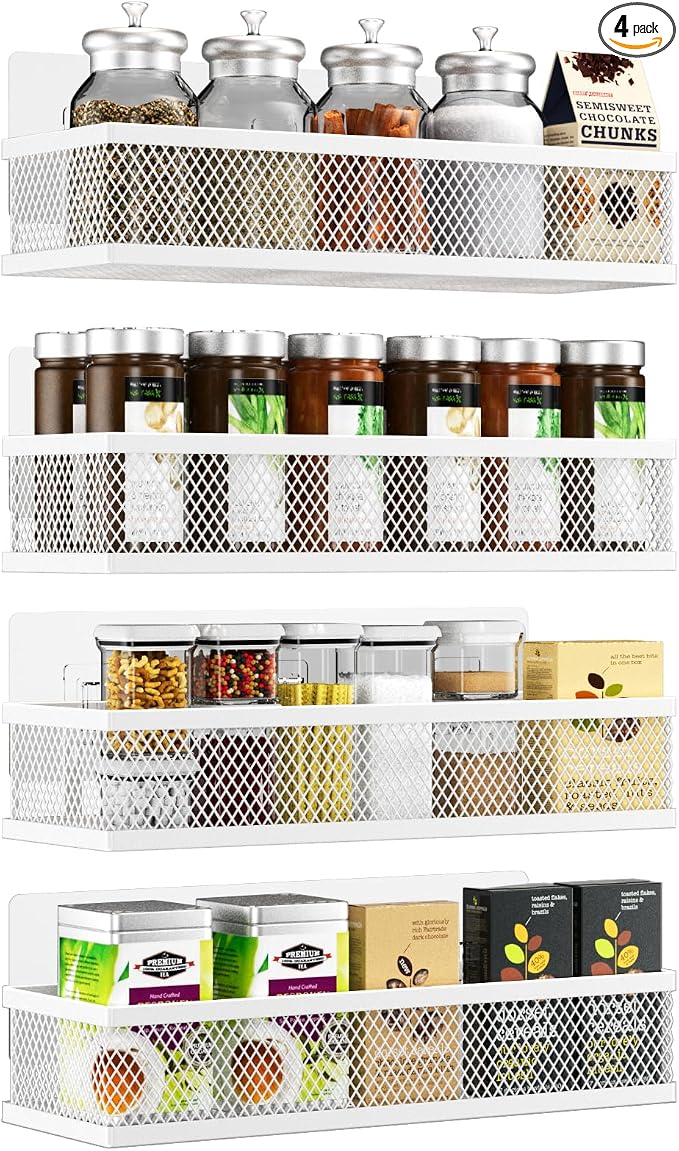 Spice Rack Wall Mount, 4 Pack Wall Spice Rack & Hanging Storage Baskets Organizer Wall Mount, Large Capacity Metal Spice Shelf for Kitchen Cabinet, Pantry Doors, Bathroom, Shower, Home Decor by Umomi