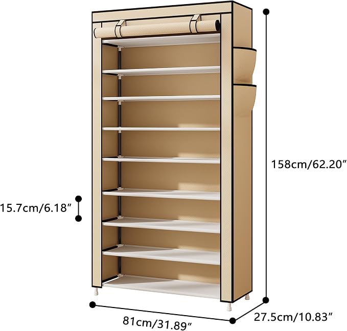 Laiensia 9-Tier Shoe Rack ，Space Saving Shoe Storage Organizer Non-Woven Cover Shoe Shelf Holds 36-45 Pairs for Bedroom, Hallway, Entryway, Beige - Image 3
