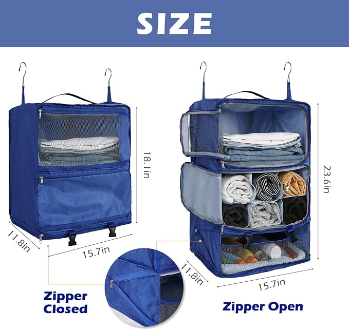 Surblue Hanging Shelves Travel Storage Bag Compression Packing Cube for Suitcase Portable Closet Organizer Collapsible with Extension Layer Large Capacity,Blue,XXL - Image 5