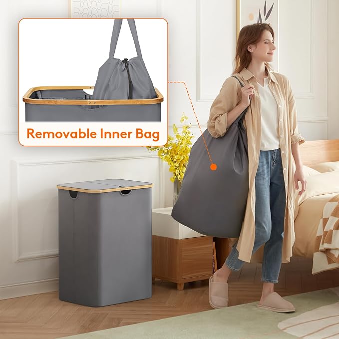 Lifewit 150L Laundry Basket with Lid, Clothes Hampers for Laundry with Bamboo Handles and 2 Removable Bags, Large Foldable Laundry Hamper for Bedroom, Bathroom, Dorm, Grey - Image 3