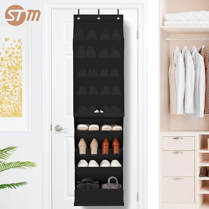 STORAGE MANIAC Over the Door Shoe Organizer with Curtain Dustproof Heavy-Duty Large Deep Pocket Hanging Shoe Organizer for Closet Dorm & Narrow Door Storage Shoe Holder Shoe Rack, 9-Shelf Black 1 Pack - Image 9