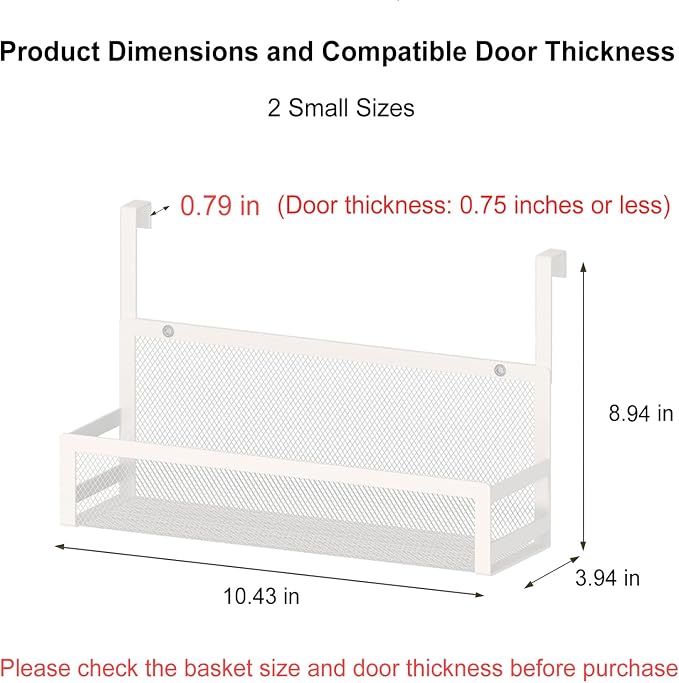 Hanging Kitchen Baskets Fine Mesh Wire Storage Basket Over Cabinet Door Organizer No Drilling Required for Kitchen Bathroom Office, 2 Smalls, White. - Image 2