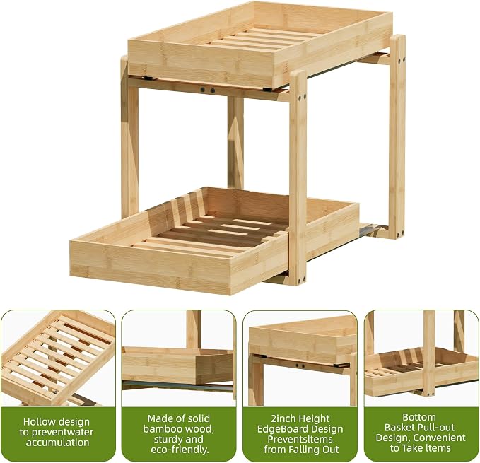 APRTAT 2 Pack Bamboo Under Sink Organizer, 2-Tier Pull Out Storage Drawers - Image 6