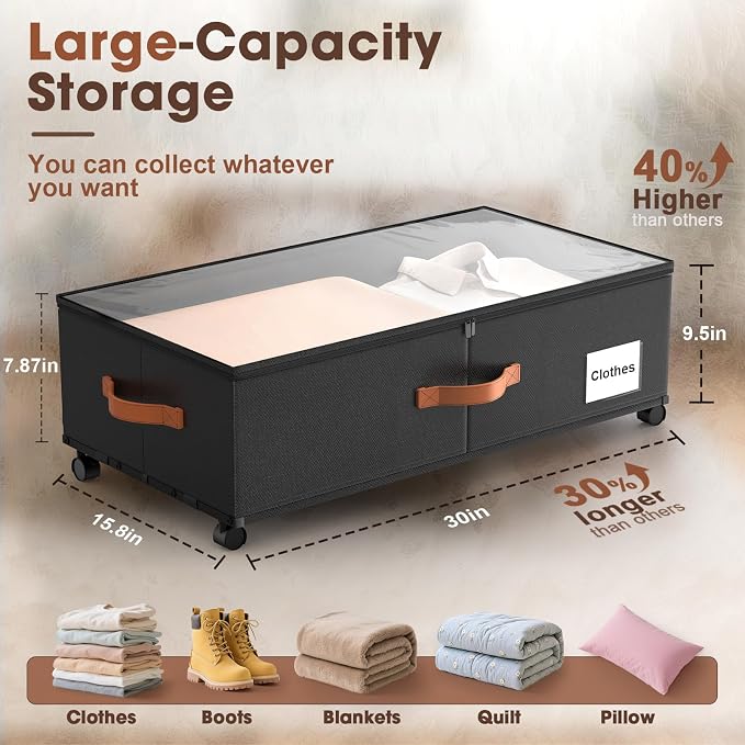 Eastherry Under Bed Storage Containers with Wheels, 9.5 inches Higher Underbed Shoes Blankets Clothes Toy Storage Drawers for College Dorms Bedrooms Nursery Rooms Organization, 2 Pack to be Assembled - Image 2