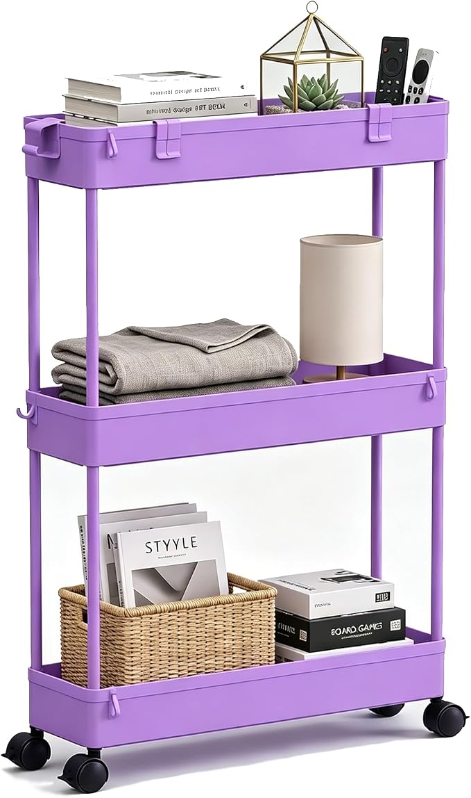SPACELEAD Slim Storage Cart 3 Tier,Bathroom Organizer Rolling Utility,Mobile Shelving Unit Slide Out for Office, Kitchen, Laundry Room & Narrow Places,Purple by Home