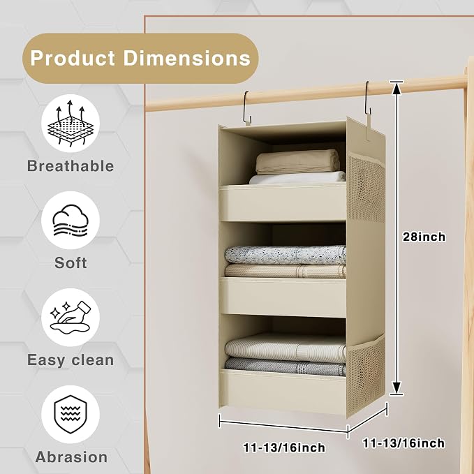 3-Shelf Hanging Closet Organizer, Washable Foldable Storage Shelves, Beige | Front lip keeps items secure; side pockets add room; Oxford fabric handles towels, shirts, baby items, dorms, RVs or travel. - Image 3