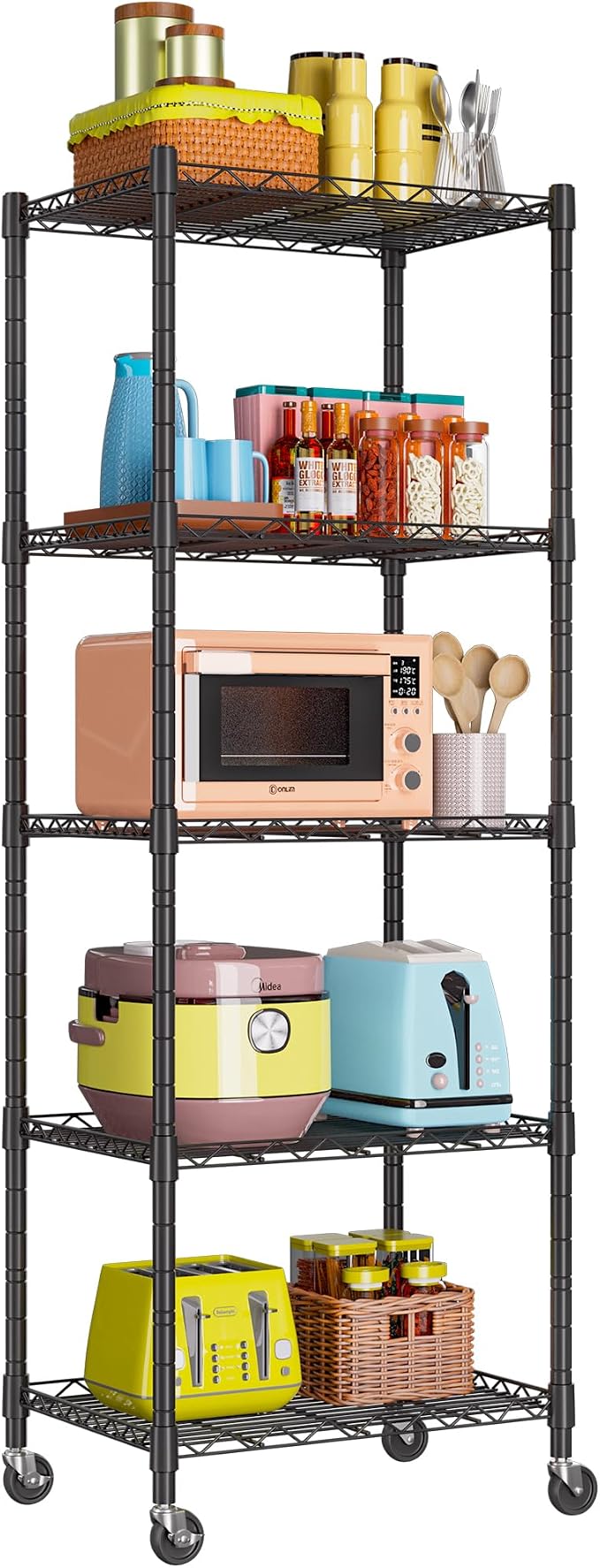 REGILLER 5-Wire Shelving Metal Storage Rack Adjustable Shelves,Standing Storage Shelf Units for Laundry Bathroom Kitchen Pantry Closet(Black,11.8" D x 16.6" W x 53.5" H,With Wheels) - Image 4