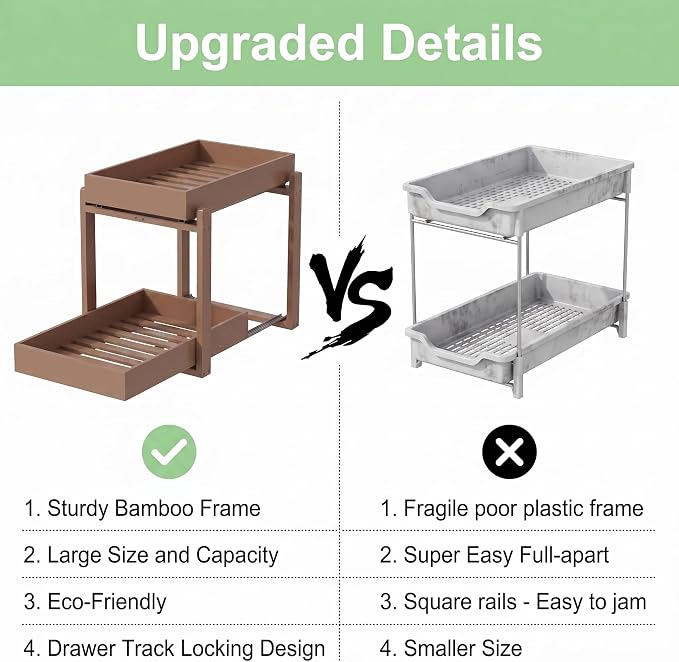 MHXW SXPN Bamboo Under Sink Organizer, 2 Pack Pull Out Cabinet Organizer - Image 6