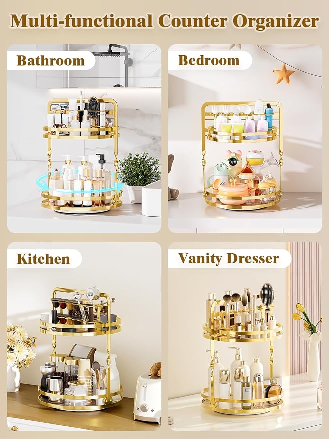 360°Rotating Makeup Organizer, Gold Bathroom Organizer Countertop - Image 5