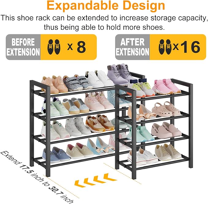 4-Tier Expandable Metal Shoe Rack for Closet & Entryway, Shoe Organizer | Shoe Storage • Adjustable Width • Holds 6–9 Pairs • Heavy-Duty Steel • Space-Saving Design • Tool-free • Easy Assembly - Image 3