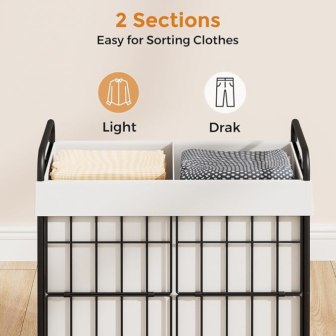 100L 2-Section Laundry Hamper with Wheels, Laundry Basket with Liner Bag - Image 3