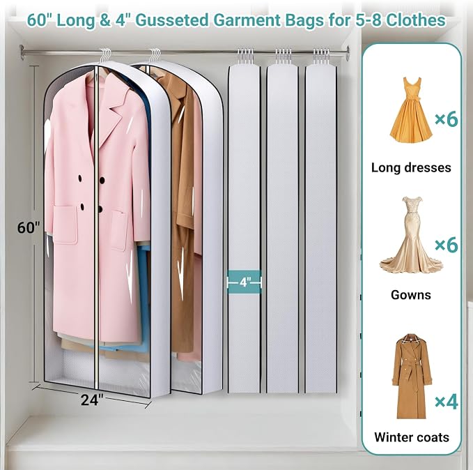 SLEEPING LAMB 60" Long Hanging Garment Bags for Closet Storage Gusseted Clear Dress Bag for Clothes, Gowns, Coats, Suits, 5 Packs - Image 2