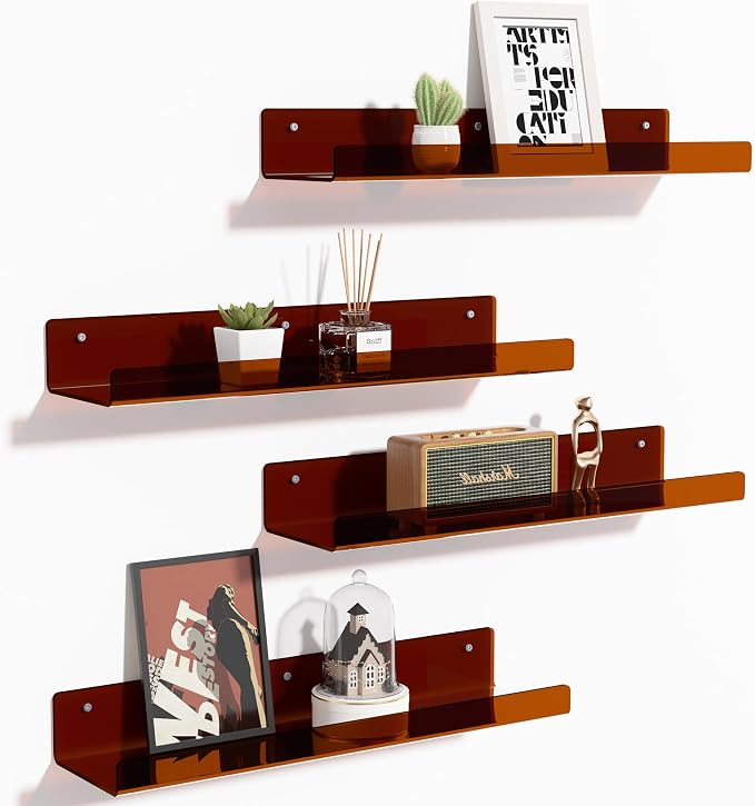 upsimples 4 Pcs 15" Acrylic Shelves for Wall Decor and Display, Brown by upsimples