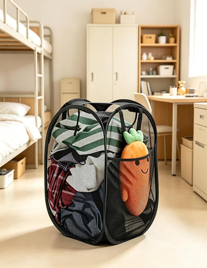 HOUSE AGAIN Strong Mesh Pop Up Laundry Hamper, 70L Collapsible Laundry Basket with Steel Frame, Double‑Stitched Handles & Side Pocket, Foldable Dirty Clothes Hamper for Dorm, Bedroom, Black - Image 9
