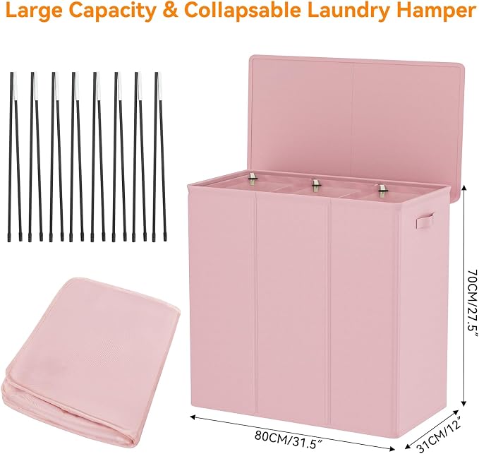 WOWLIVE 180L Laundry Hamper 3 Section, Large Laundry Basket with Lid - Image 2