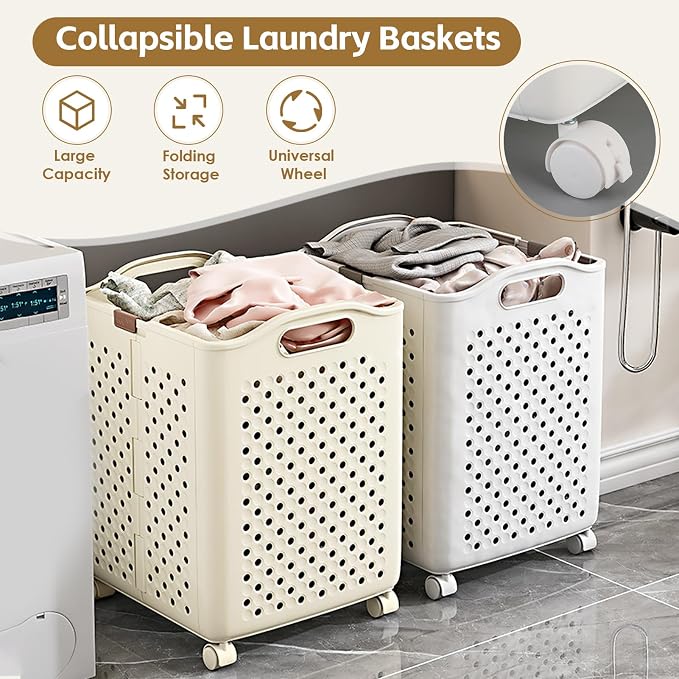 57L Foldable Collapsible Laundry Basket, with Wheels+Handles(Pearl White) - Image 2