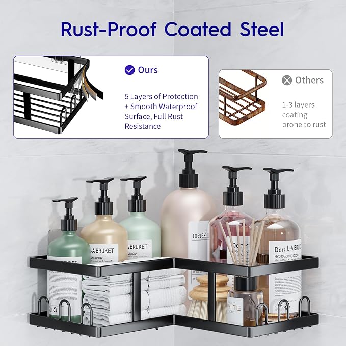 Youvip Corner Shower Caddy-No Drilling Shelves Wall Mounted, Black - Image 3
