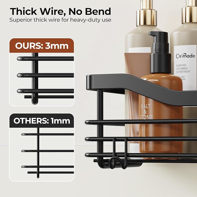 Orimade Adhesive Shower Caddy Shelf with 5 Hooks Organizer Storage Rack Rust Resistant Wall Mounted Stainless Steel No Drilling for Bathroom, Toilet, Kitchen - 2 Pack,Black - Image 4