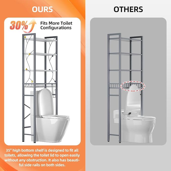 Over-The-Toilet Storage Rack, 4-Tier Bathroom Organizer Shelf Over Toilet with Adjustable Shelf and Basket, Freestanding Space Saver Bathroom Shelves Above Toilet for Room (Gray White) - Image 7