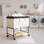 StorageWorks Laundry Cart, 2 Tier Rolling Basket with Wheels, 46 Gal, Beige - Image 2