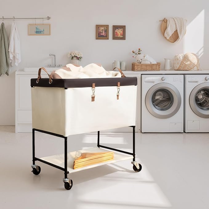 StorageWorks Laundry Cart, 2 Tier Rolling Basket with Wheels, 46 Gal, Beige - Image 2