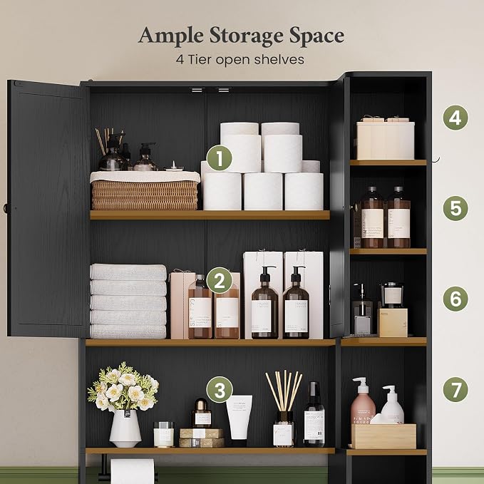 7-Tier L-Shaped Wooden Over the Toilet Storage Cabinet with Doors, Modern Over Toilet Bathroom Organizer Shelf with 2 Large Drawers, Bathroom Over Toilets Storage Cabinet, Space Saver, Black - Image 4