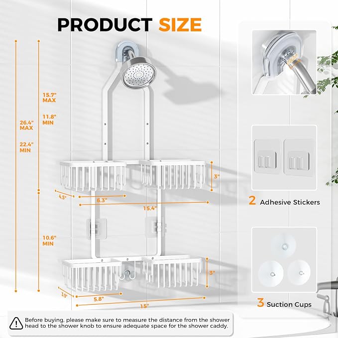 Adjustable Aluminum Shower Caddy Hanging for Handheld Showerhead, White - Image 7