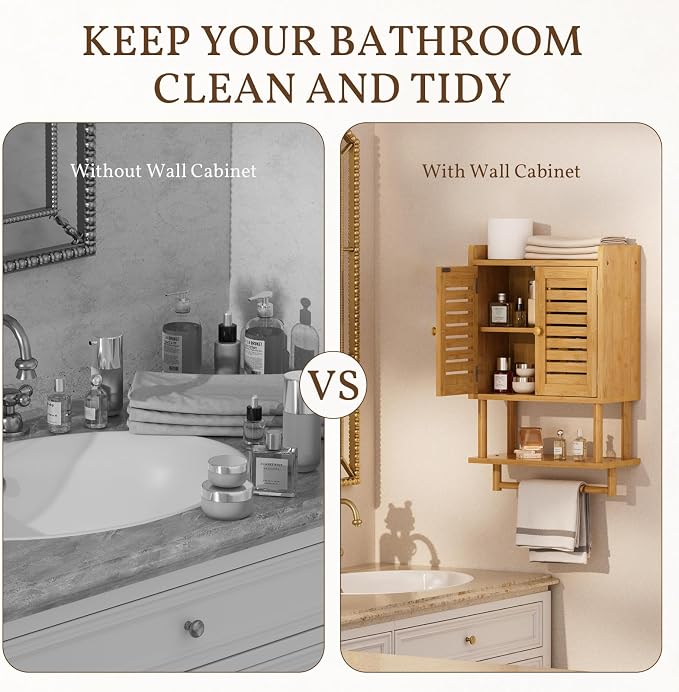 AmazerBath Bathroom Wall Cabinet, Bamboo Over The Toilet Storage Cabinet, Hanging Medicine Cabinets with Towel Bar, Wall Mounted Storage Shelf with Adjustable Shelves for Small Spaces - Image 5