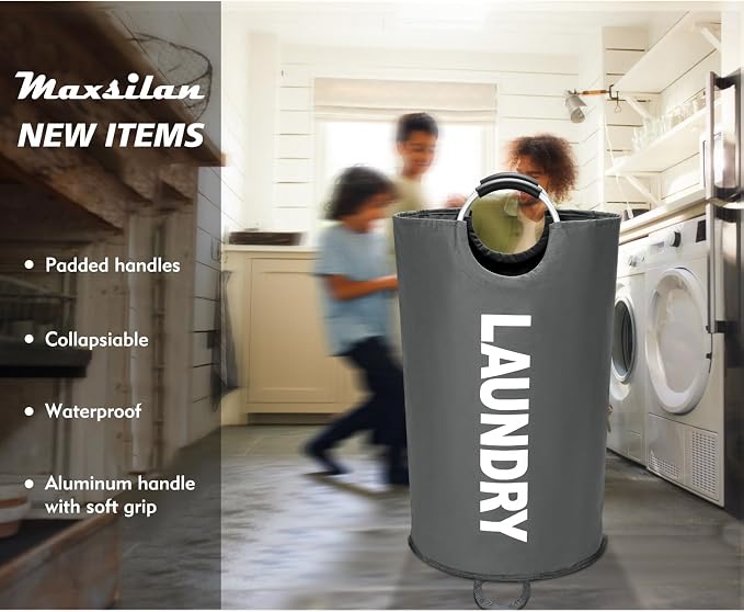 Maxsilan 90L Large Laundry Basket Bag, Collapsible Tall Hamper, Dark Grey - Image 2