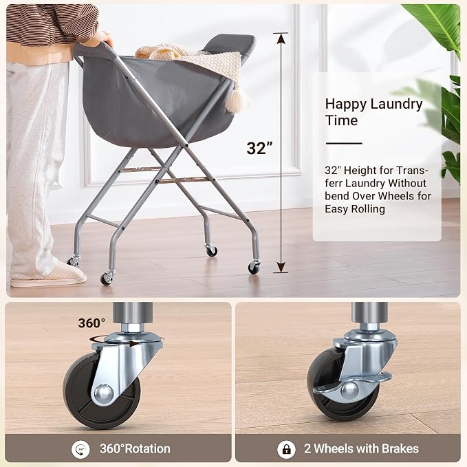 ELYKEN Laundry Basket with Wheels, Collapsible Laundry Hamper, Gray - Image 2