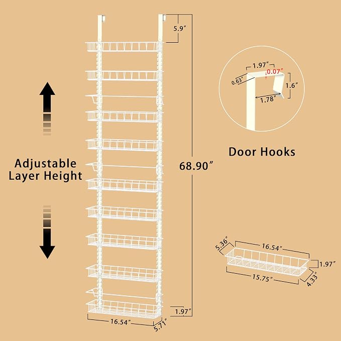 Churboro 9 Tier Over Door Pantry Organizer, 2-in-1 Adjustable Spice Rack - Image 2